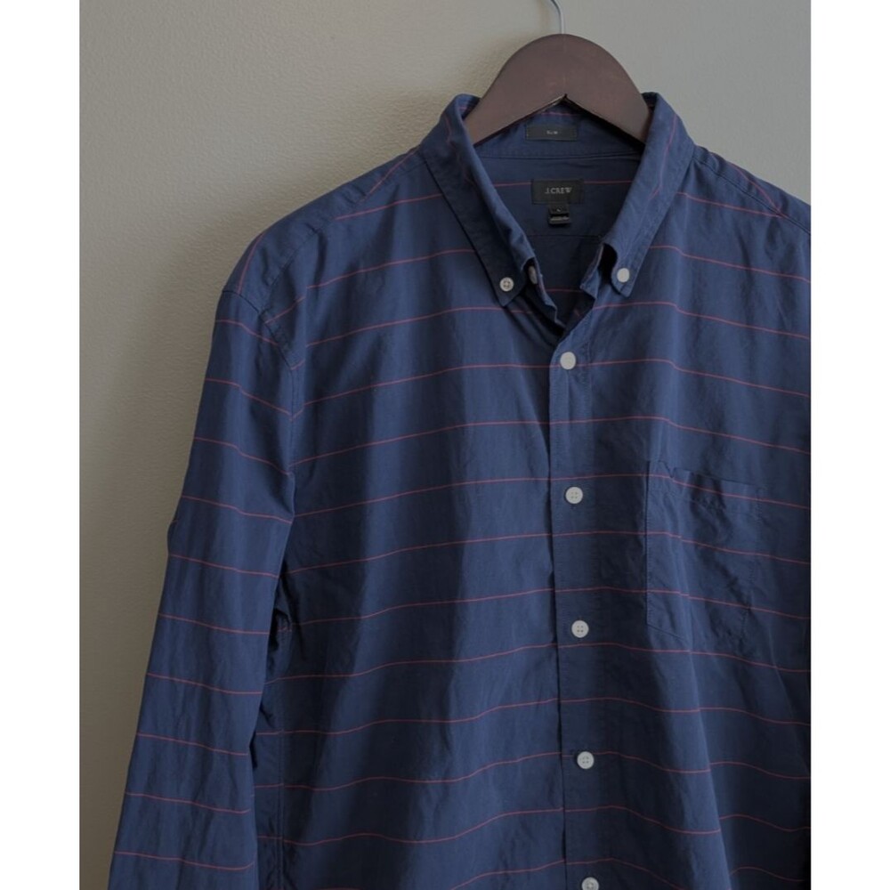 J. Crew Men’s Large Slim Fit Shirt Navy Blue Red Striped Long Sleeve Button Down